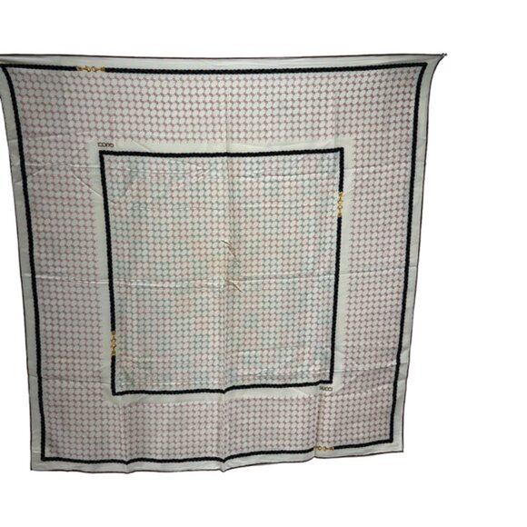 VGT  GUCCI Scarf f 00% Silk Satin 34" Ivery Brown Green Red Logo GG HandRoll(35 - Picture 9 of 11